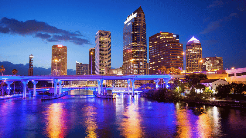 Tampa skyline at night offering Tampa DJ services